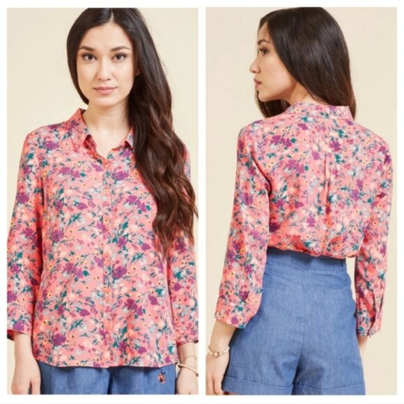 Modcloth Floral Button Down Shirt Pink Womens Small Collared Preppy Blouse Top - Picture 2 of 6